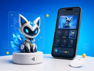 An imaginary NFC collectible figure beside a phone showing a private collection screen
