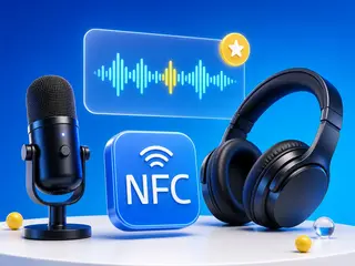 Studio microphone, headphones, audio waveform, and NFC.cool app icon