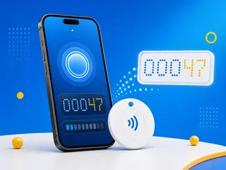 An NFC tag being tapped by a phone, with a rising scan-count number beside it
