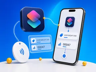 An iPhone showing an alert with a tag ID and scan count after tapping an NFC sticker