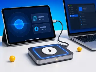 An iPad beside a HID OMNIKEY USB NFC reader with a tag resting on it