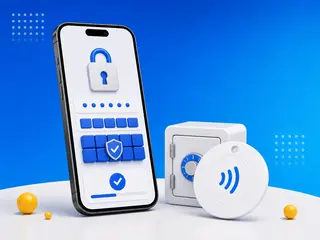 Phone, NFC card, shield, and lock representing encrypted NFC secrets