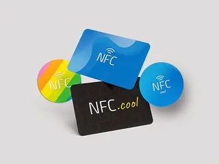 NFC tag types lined up next to an iPhone