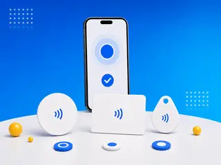 Phone and several NFC tags with beginner workflow icons