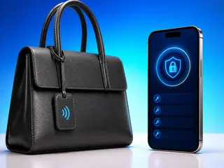 A leather handbag with an NFC authentication tag beside an iPhone showing a security shield and key icons