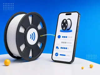 3D printing spool with NFC tag being read by a phone