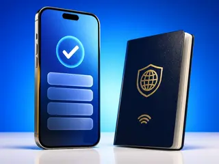 A navy passport booklet with a gold NFC symbol beside an iPhone showing a verified checkmark