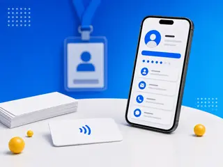 Conference networking scene replacing paper cards with digital NFC cards