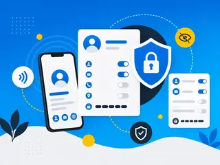 Digital business card protected by privacy controls, shield, and NFC motifs