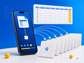 iPhone with a spreadsheet file on screen writing rows from a spreadsheet onto a row of NFC tags
